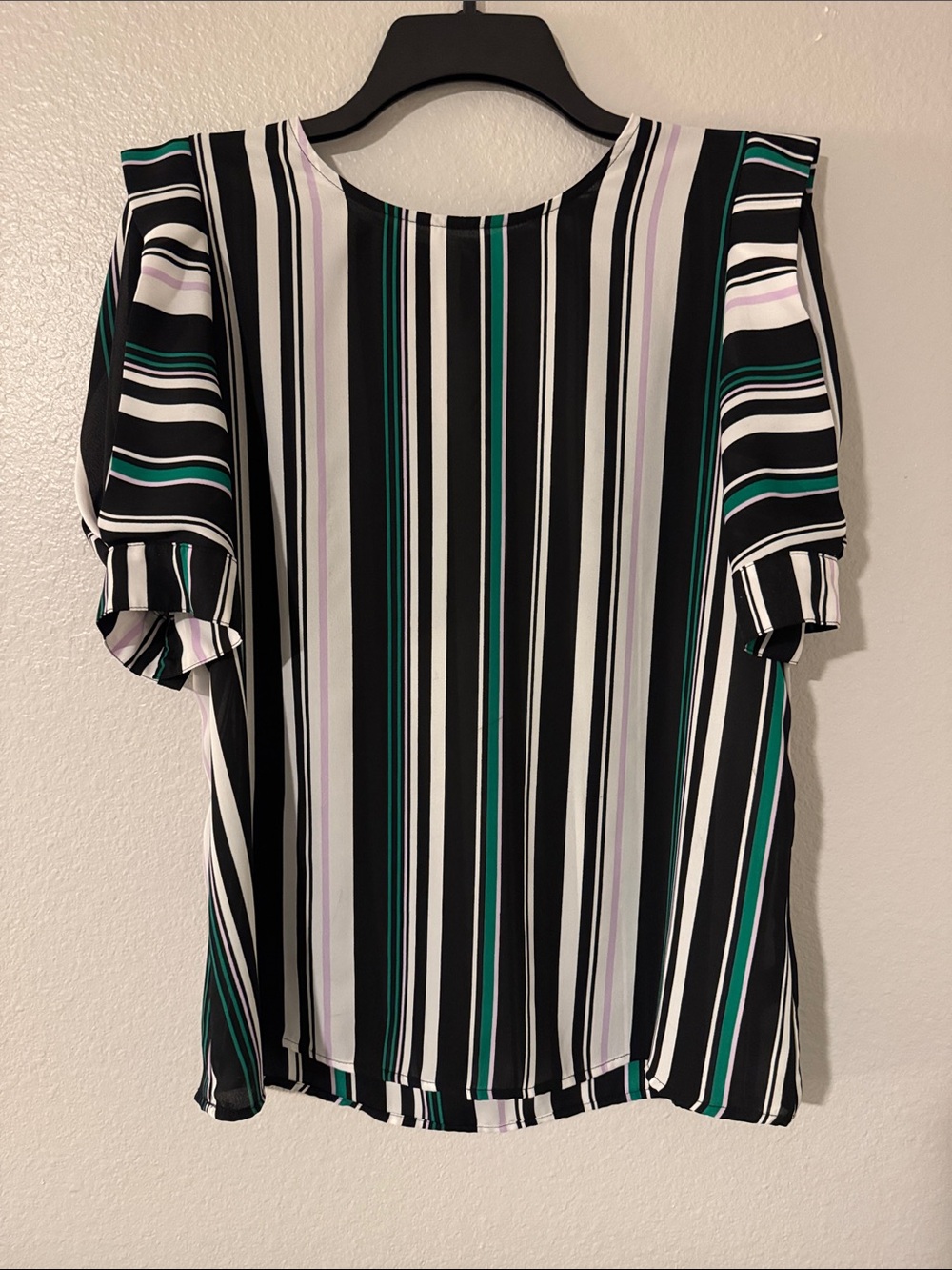 Worthington Black, White & Green Striped Short Sleeve Blouse